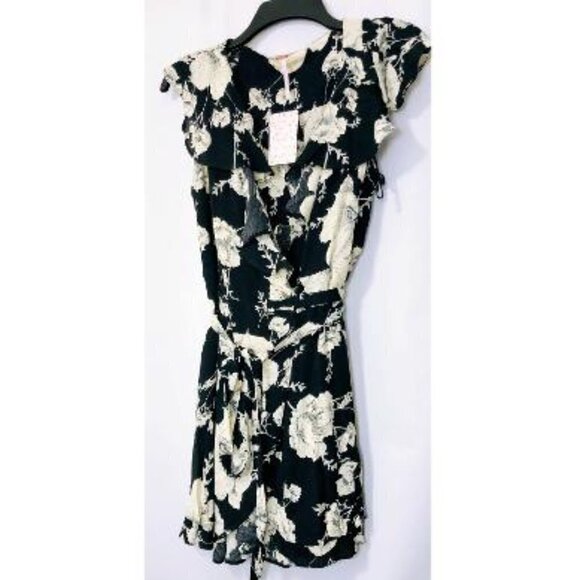 Free People Black Floral Boho Short Flutter Sleeve Wrap Mini Dress Sz S New - Picture 5 of 13